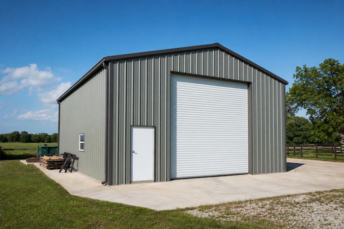Steel garage workshop with roll-up door
