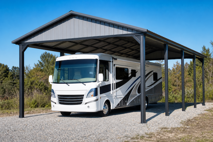 Tall steel RV cover protecting a motorhome
