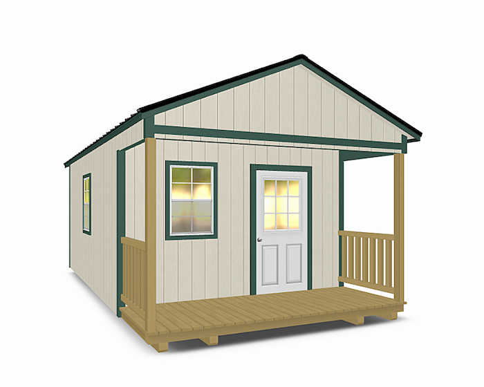 Wood cabin-style shed with porch detail
